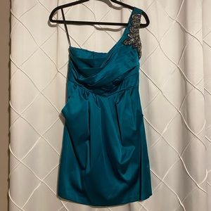 Teal One Shoulder Satin Dress with Beaded Detail and Pockets!